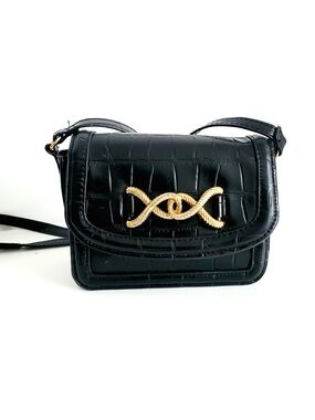 Zara Black Croc-Embossed Mini Crossbody with Gold Rope Knot